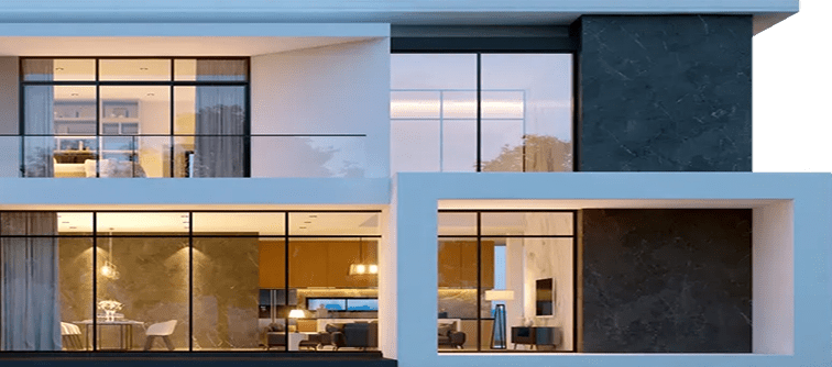Stylish two-story building with illuminated interiors